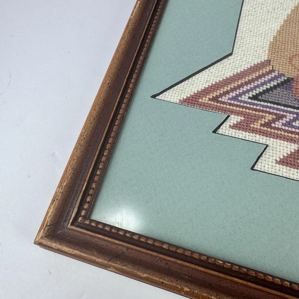Framed Hand Stitched Needlepoint Southwest Figure Wall‎ Art Wood Frame 13x15